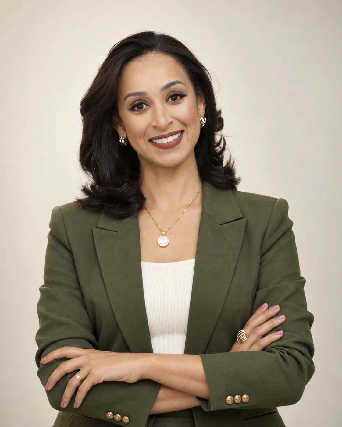 Andréia Vaz, nutricionista, com blazer verde oliva